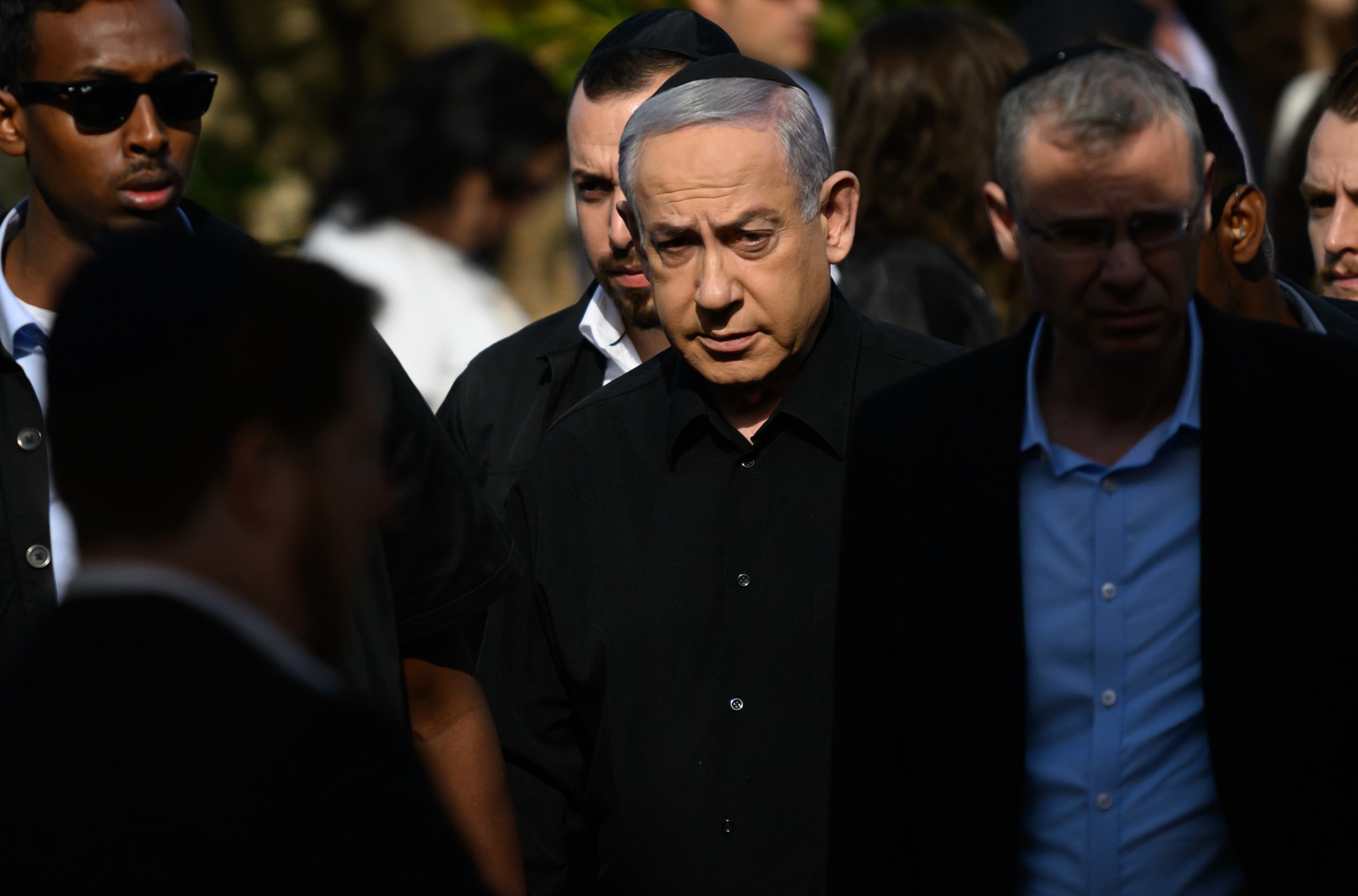 Prime Minister Benjamin Netanyhu attends the funeral for First Sgt. Maj. Gal Meir Eisenkot in the Herzliya cemetery on December 8, 2023, in Herzliya, Israel. 
