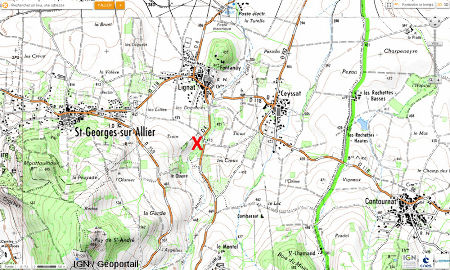 Localisation (croix rouge) de la source, la « Gargouillère », de Lignat, Saint Georges sur Allier, Puy de Dôme)