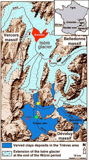 Carte morphologique de la région de Grenoble et du Trièves lors du maximum de la glaciation du Würm (de −45 000 à −20 000 ans)