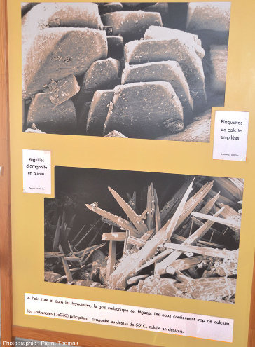 Panneau du musée Géothermia montrant les deux types de dépôts de CaCO3 qui précipitent dans les tuyaux