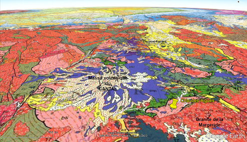 Extrait avec la même projection de la carte géologique à 1/1 000 000 de la région de Chaudes-Aigues, Cantal