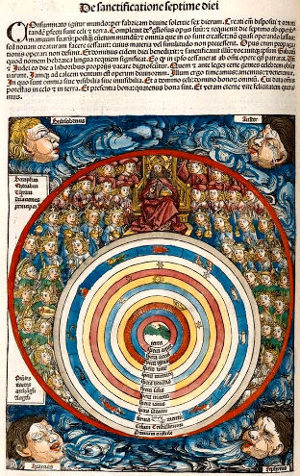 Dieu se repose le 7e jour et contemple son œuvre entouré des anges et des séraphins, Chronique de Nuremberg (1493)
