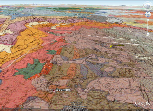 Autre vue Google Earth / BRGM localisant la carrière de Loiras, Le Bosc, Hérault