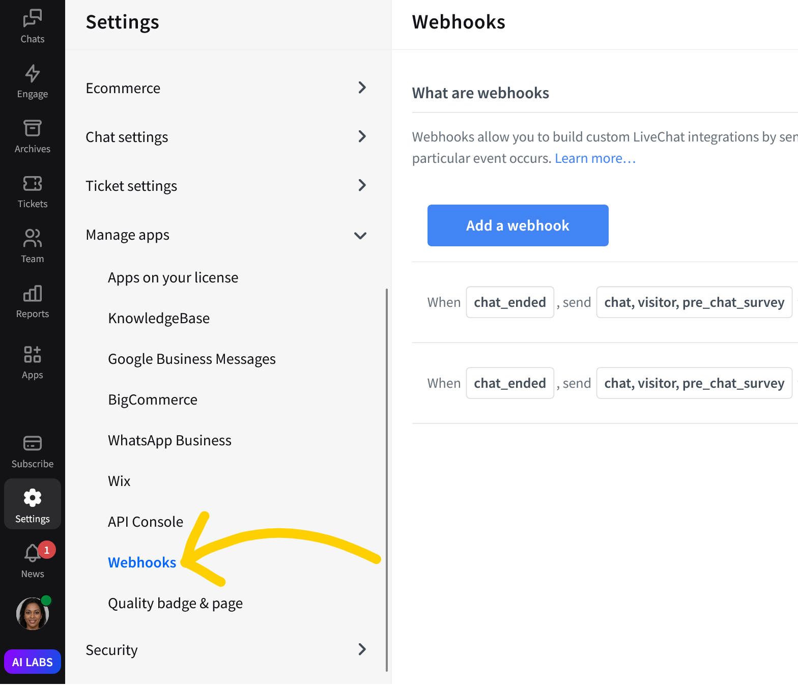 LiveChat HIPAA compliant: go to Webhooks section of your Integrations settings