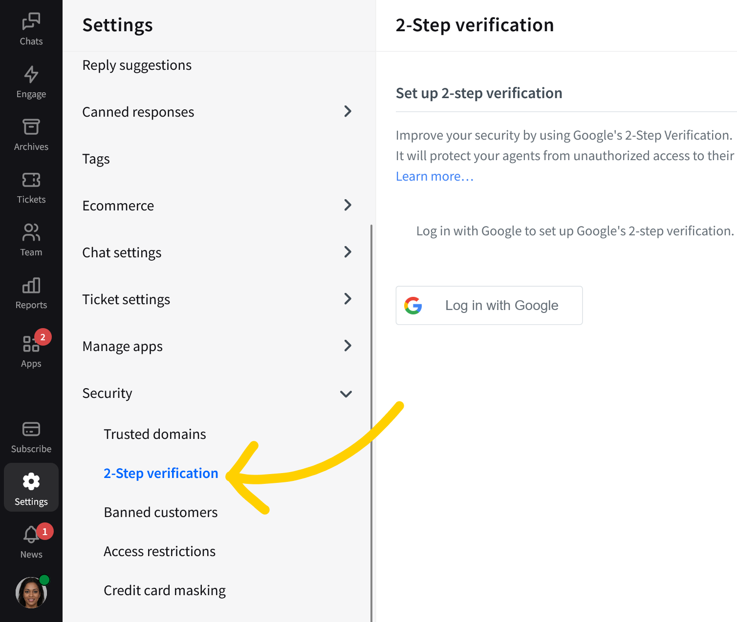 LiveChat HIPAA compliant: go to the 2-Step verification section of Security settings