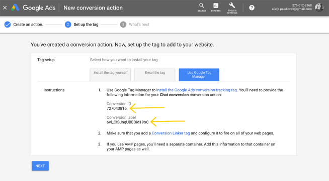 Copy adwords conversion id and label