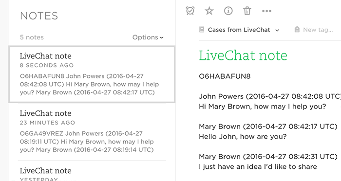 Integration with Evernote: A chat passed as a note