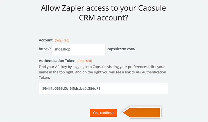 Capsule integration: Authorizing application in Zapier