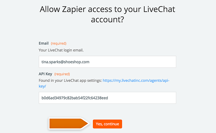 Integration with Evernote: Entering your LiveChat account data