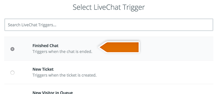 Selecting LiveChat trigger