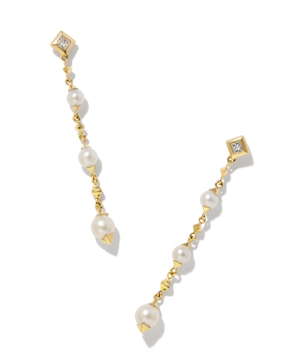 Michelle 14k Yellow Gold Linear Earrings in White Pearl