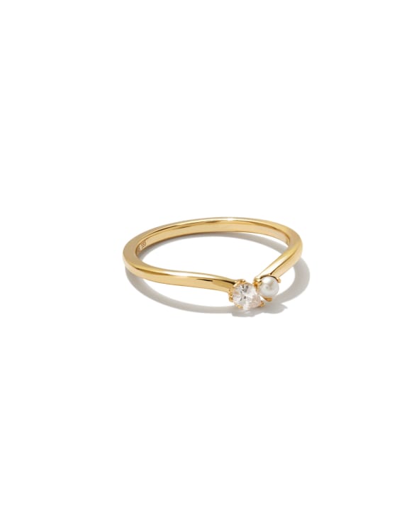 Toi et Moi 14k Yellow Gold Band Ring in White Sapphire and White Pearl
