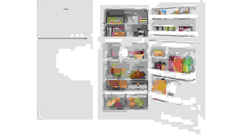 Closed and opened views of the Hotpoint HPS16BTNRWW refrigerator, showing the two freezer shelves, three fridge shelves and two drawers, plus door storage.
