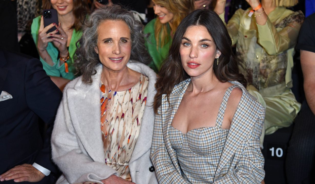 BERLIN, GERMANY - JANUARY 18: Andie MacDowell and her daughter Rainey Qualley attend the the Marc Cain Fashion Show Fall/Winter 2023 during the Berlin Fashion Week AW23 at Tempelhof Airport on January 18, 2023 in Berlin, Germany. (Photo by Tristar Media/WireImage)