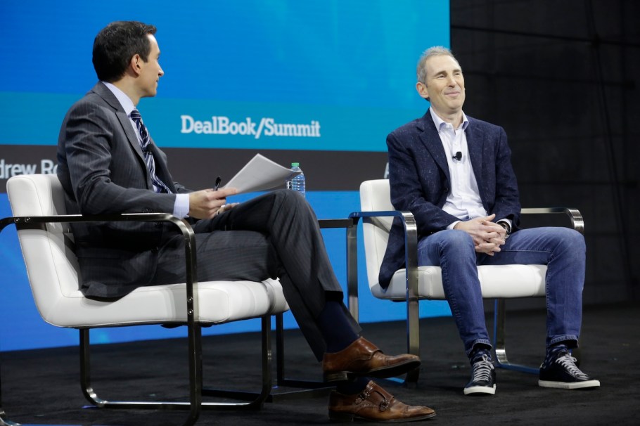 Andy Jassy (right) on stage at the 2022 New York Times DealBook Summit on Nov. 30, 2022 in New York City.