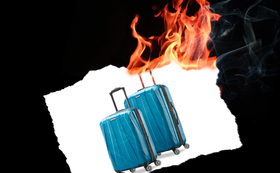 luggage on a piece of paper on fire