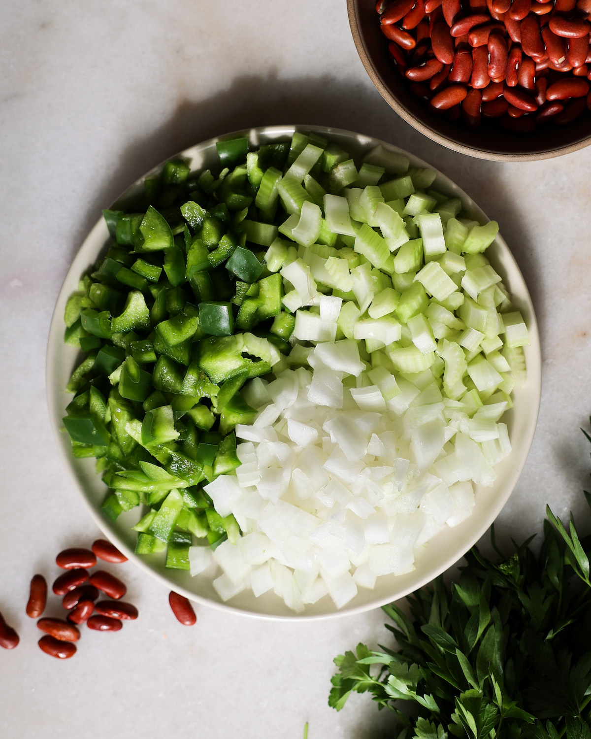 onions, celery, and green pepper on a plate