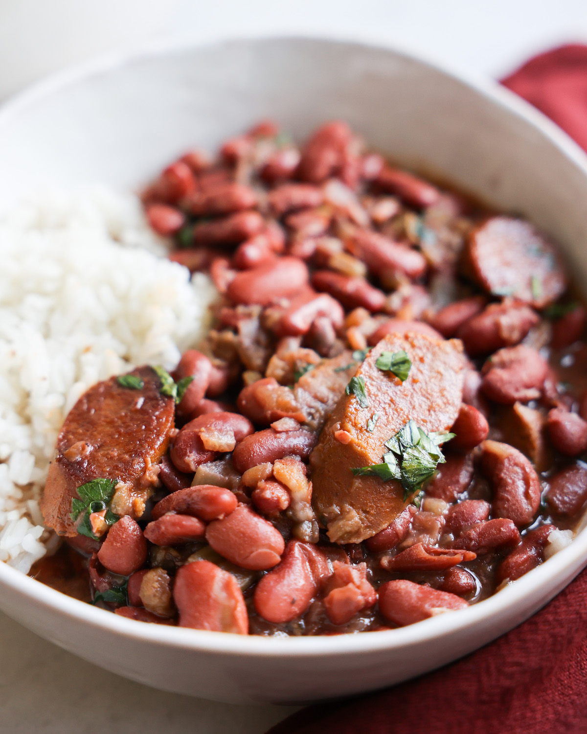 Red beans and rice in a white bowl