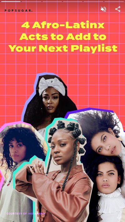 Collage of five women on a gridded background with text "4 Afro-Latinx acts to add to your next playlist"