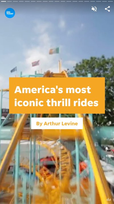 Rollercoaster with flags in the background and text "America's most iconic thrill rides"