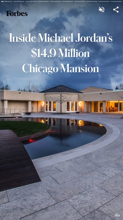 The front of Michael Jordan's estate with text "Inside Michael Jordan's $14.9 million Chicago mansion"