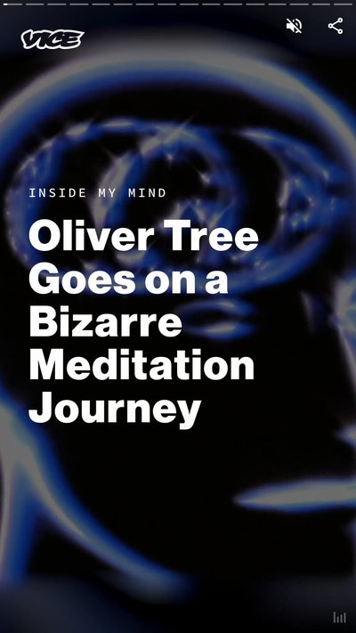 Abstract shapes with overlayed text "Oliver Tree goes on a bizarre meditation journey"