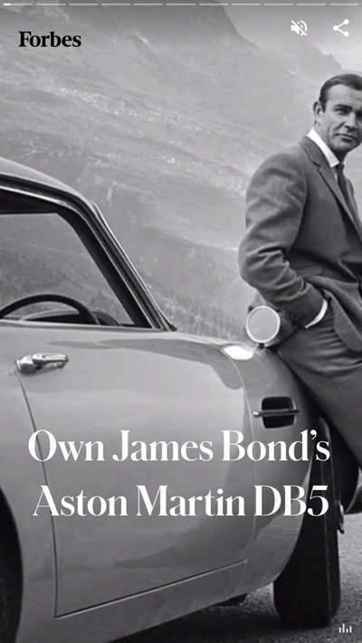 Sean Connery leaning against a car with text "Own James Bond's Aston Martin DB5"