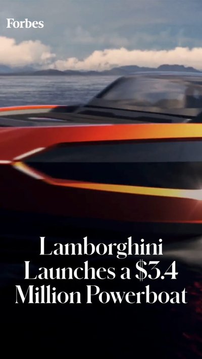 A Lamborghini boat on the water with text "Lamborghini launches a $3.4 million powerboat"