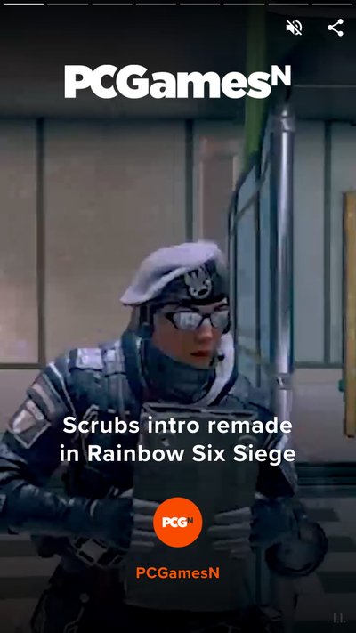 Video game character in a city setting with text "Scrubs intro remade in Rainbow Six Siege"