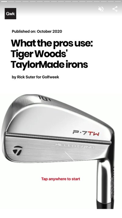 Iron golf club head with text "What the pros use: Tiger Woods' TaylorMade irons"