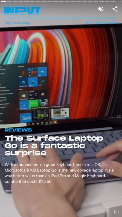 Hands typing on a laptop with text "The Surface Laptop Go is a fantastic surprise"
