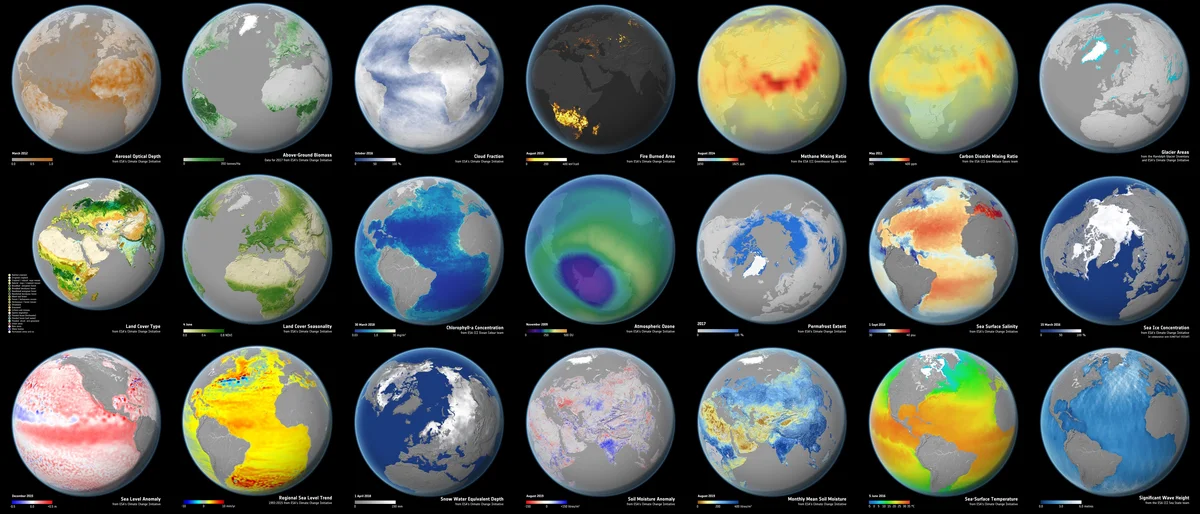 Multiple satellite images of earth showing the effects of climate change on different aspects of the natural world.