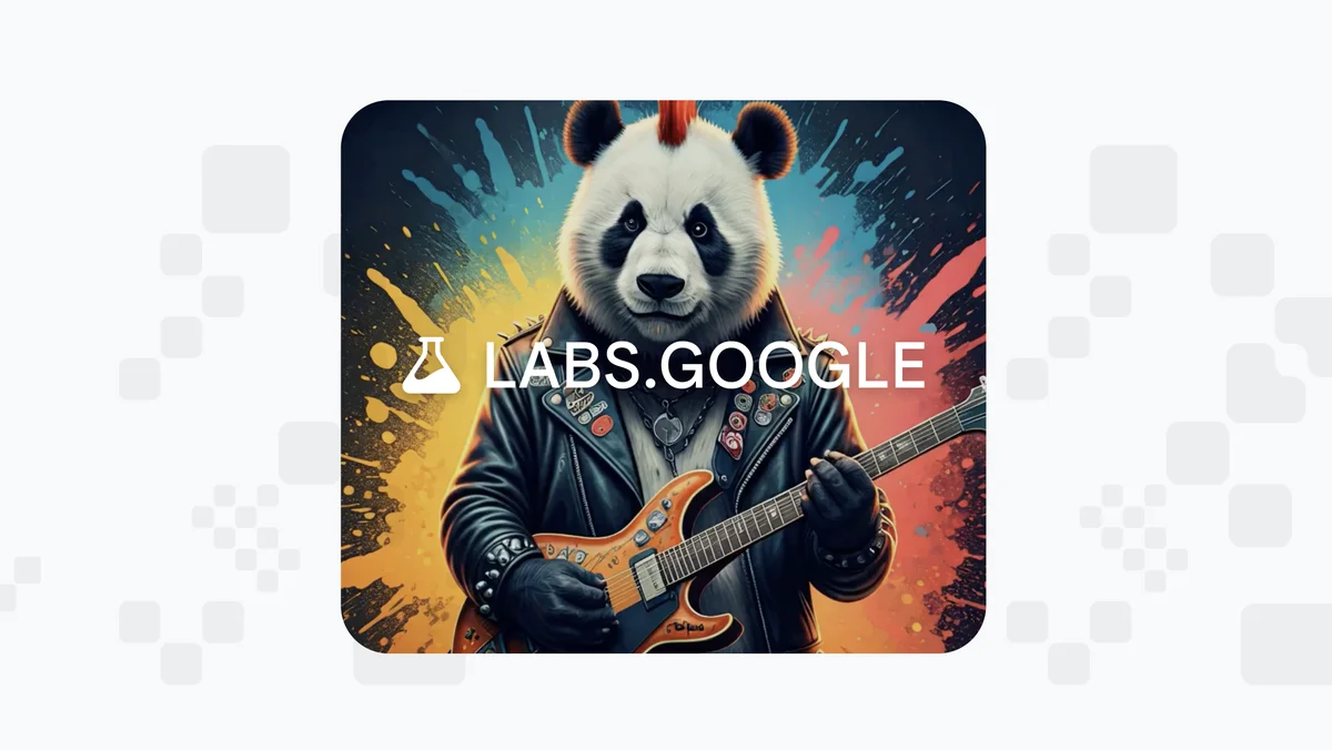 The text “labs.google” over top of an AI-generated illustration of a panda bear wearing a leather jacket and playing a guitar.