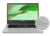An Acer laptop with a green, wavy desktop background. A gray bubble zooms in on the laptop and shows the text “post consumer recycled.”