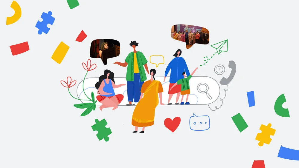 graphic illustration of four people in front of a Google search bar with confetti