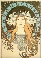 A white woman’s face with white lilies on her long orange hair, surrounded by a halo reading “Sarah Bernhardt” on a background of ornamental patterns.