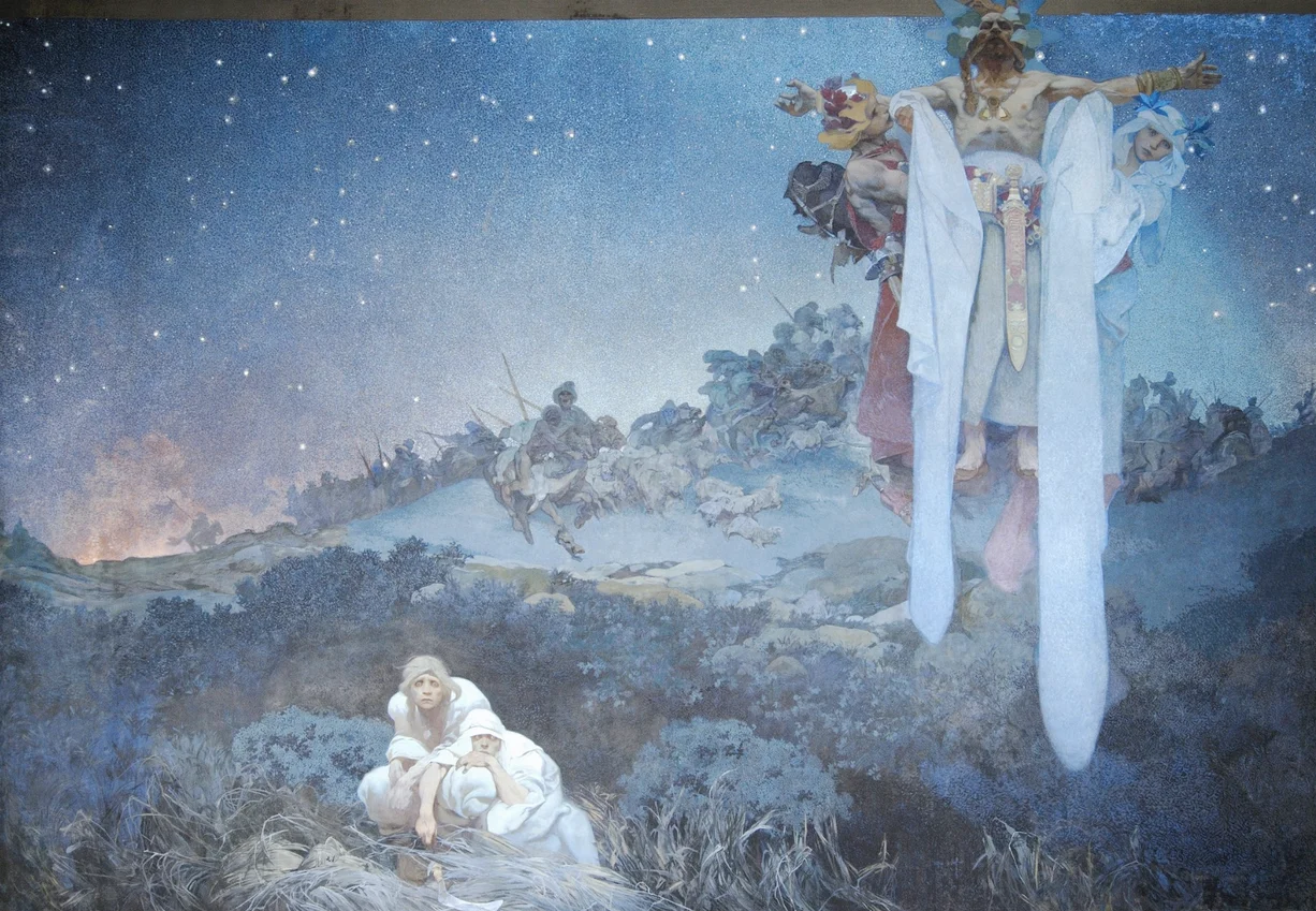 Painting of a Slavic priest asking the gods for help against a blue, starry night.