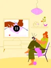 Illustration of a person learning how to knit from a Youtube video