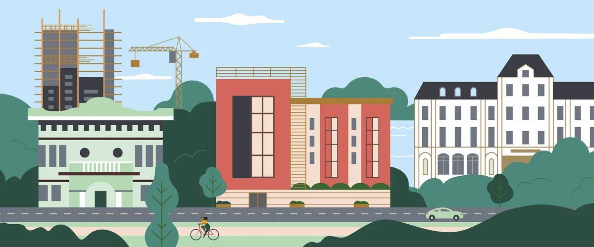 An illustration of four housing complexes in the Bay Area with a car and a bike in front of them. One of the buildings is under construction.