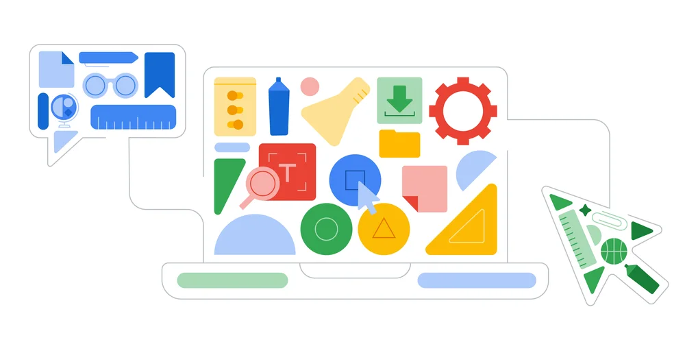 
                         
                           Drawing of a Chromebook with colorful shapes depicting apps and features for education
                         
                       