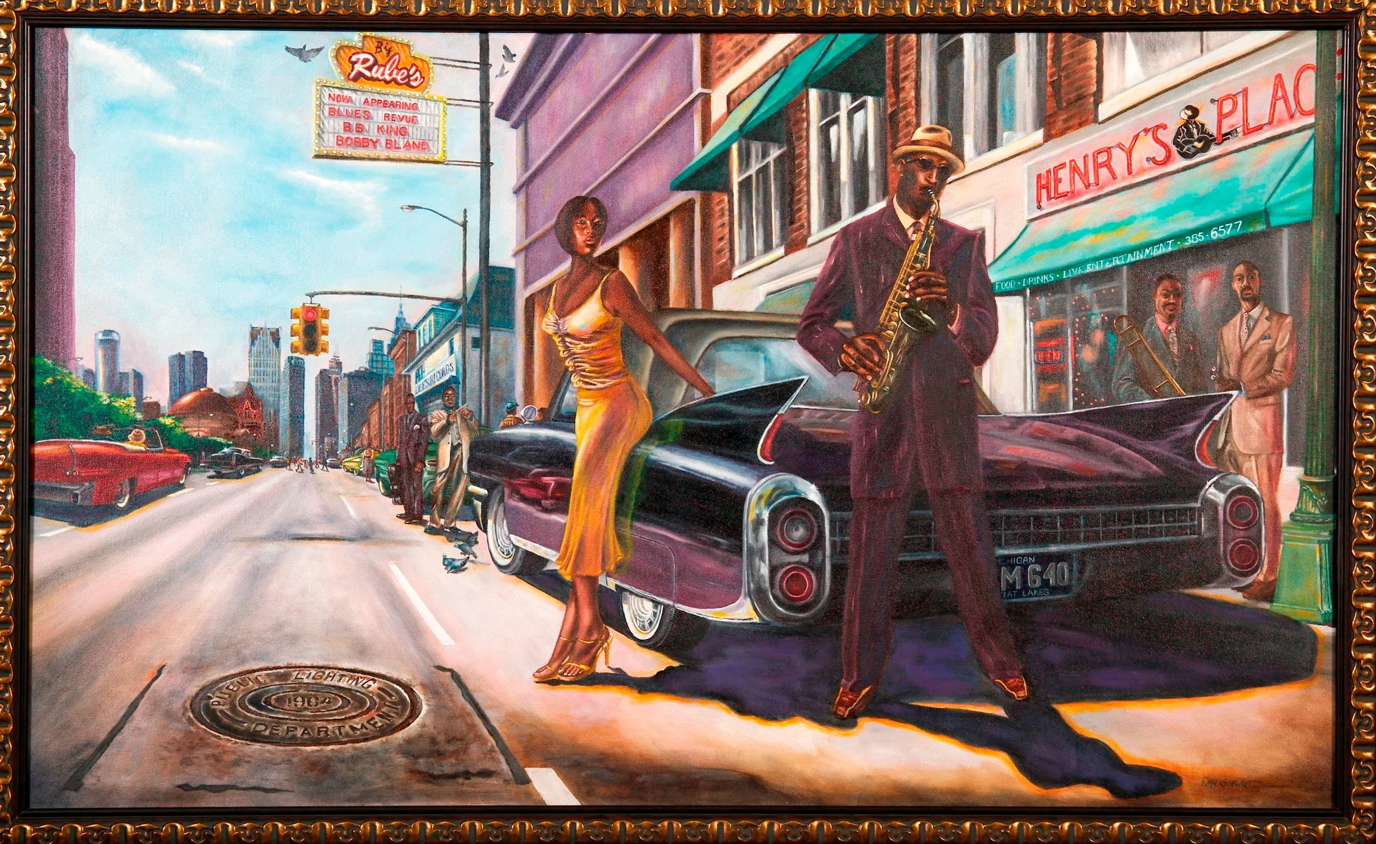 Oil painting of a man in a purple suit standing in front of a car playing the saxophone, with a woman standing against the car and two other men with instruments on the sidewalk.