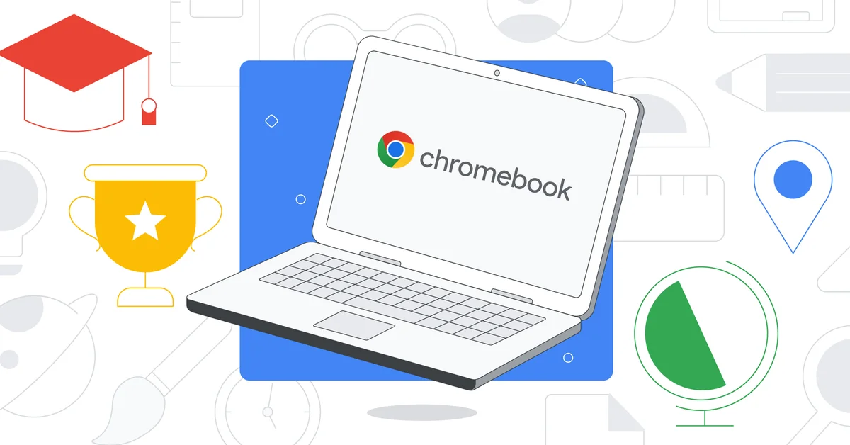 Drawing of a Chromebook with icons surrounding it representing education and a globe