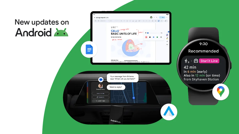 
                         
                           Picture displaying 3 new Android features. Android Auto messaging updates displayed on a car dashboard. Transit directions on Google Maps for Wear OS displayed on a smartwatch. And Google Docs markups displayed on an Android tablet.
                         
                       
