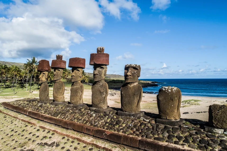 A line of Moai on the beach of Anakena in Rapa Nui National Park