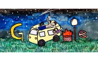 Painting of a family of four, in a van, stargazing in a scene comprising the GOOGLE logo. A young boy and father are laying on the car roof and a young girl and mother are sitting in the backseat of the car peering out the window. Each family member has fair skin, dark hair, and is smiling. The GOOGLE letters are large across the scene with the van wheels representing the Os, a firepit representing the second G, and a large marshmallow on a stick representing the L. A sky full of stars and a grassy field make up the background.