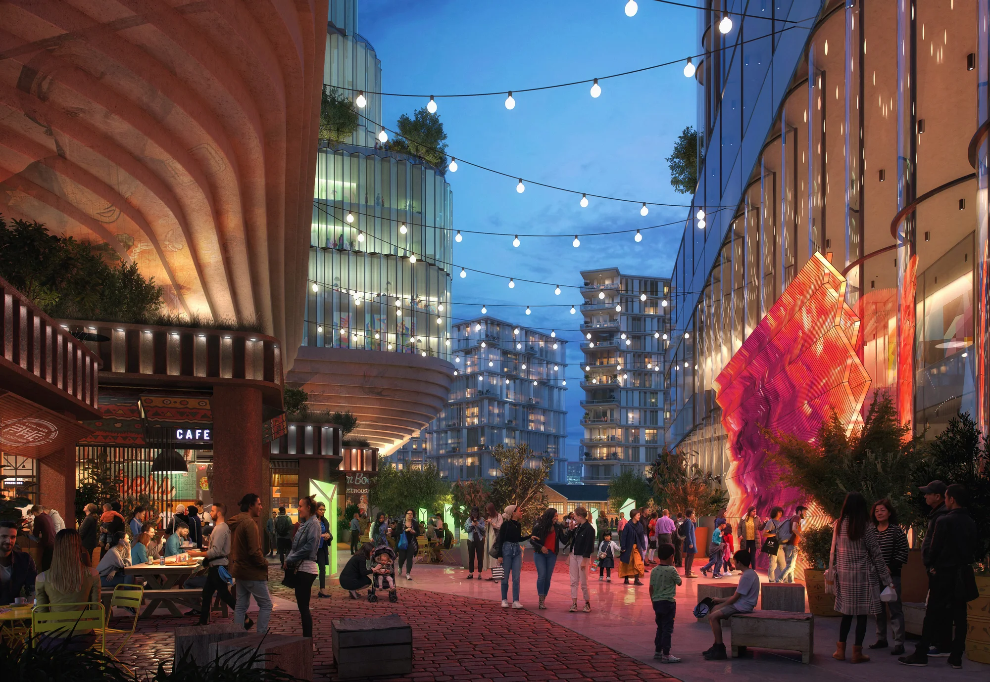 Rendering of people eating and congregating in the evening outside our proposed Downtown West mixed-use buildings in San Jose, California.
