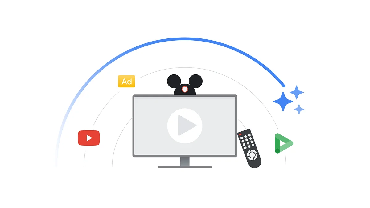 Computer screen with a play button in the middle, Mickey Mouse ears on top (representing Disney), and TV remote leaning on the screen. The screen is surrounded by a YouTube logo, DV360 logo “Ad” icon, and an arch and three stars above the screen.