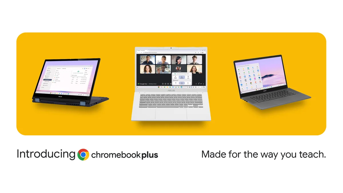Three Chromebooks on a yellow background with UI of Chromebook Plus