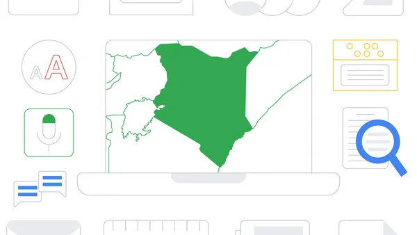 Drawing of a Chromebook with the shape of Kenya outlined, with icons depicting accessibility features like a magnifier and text to speech
