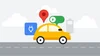 A cartoon shows a car driving, with images of the Google Maps pin, and two icons symbolizing electric charging.